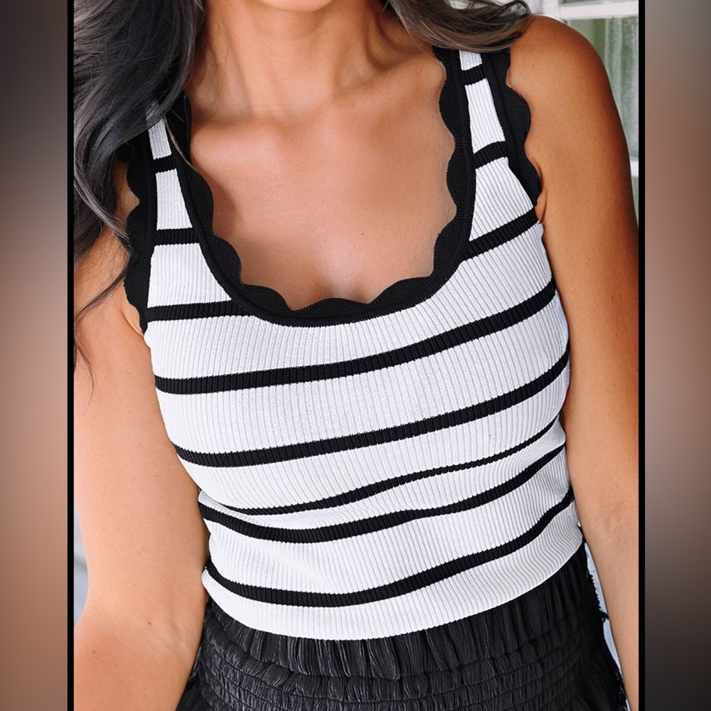 Black and White Striped Scallop Tank Top